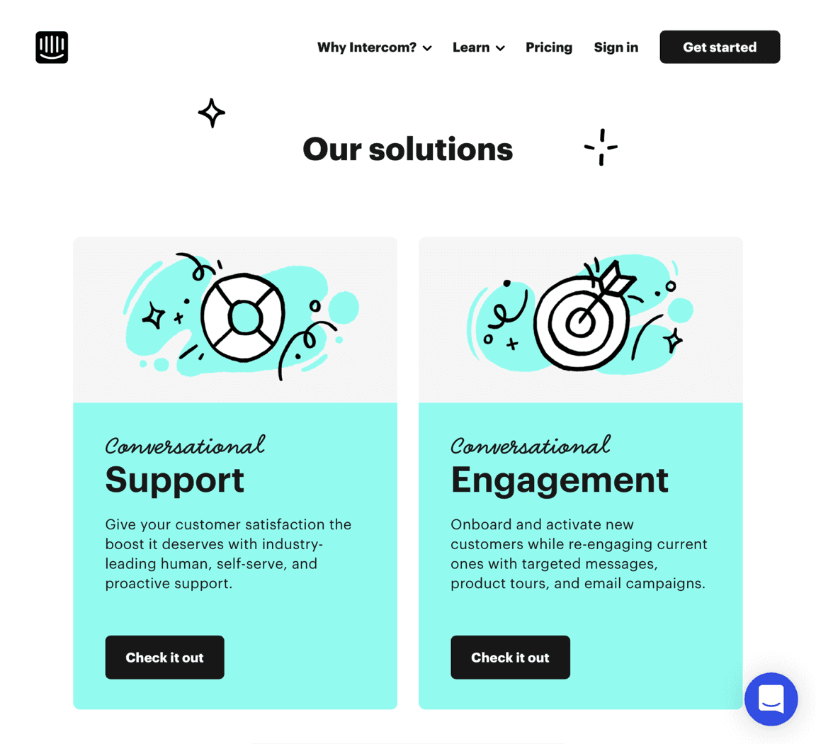 The “Our solutions” section from Intercom’s homepage